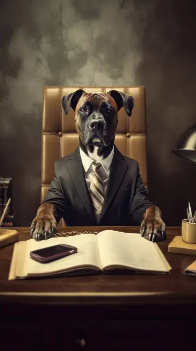 a suit-wearing dog sitting at a desk